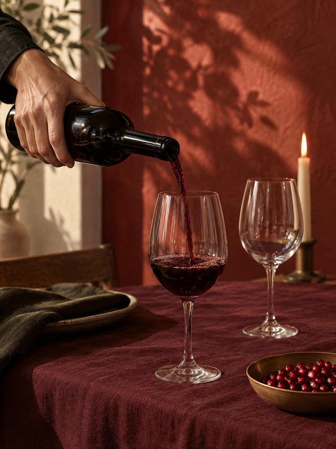 A hand pouring red wine into a glass on a wine-red cloth.