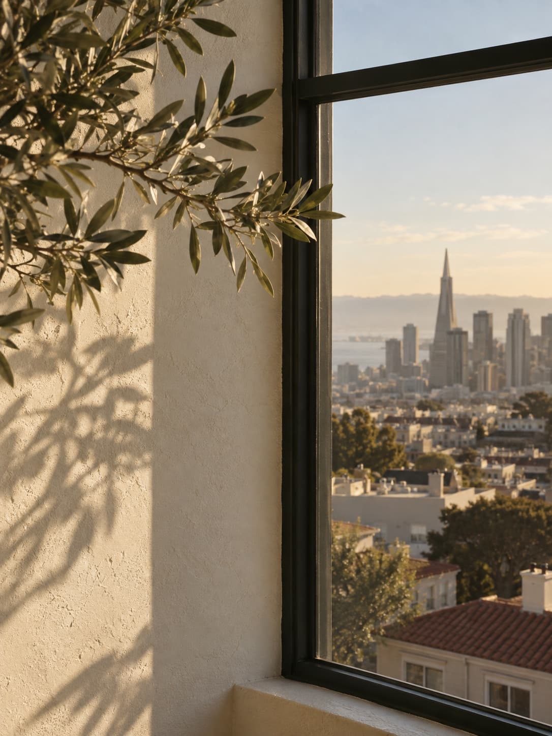 San Francisco rooftops and the Transamerica Pyramid through a steel-framed window.